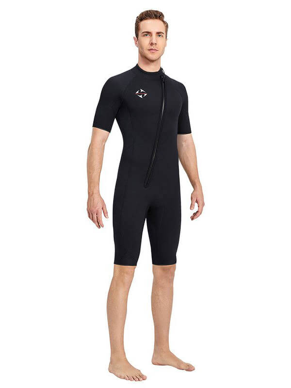 Male model wearing a black one-piece short sleeve wetsuit for water sports. Durable and comfortable design for swimming and diving.